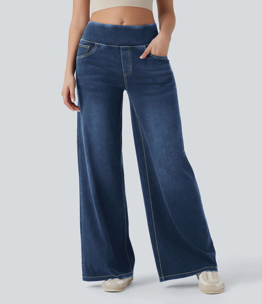 Womens High-Waisted Elastic Wide-Leg Denim Pants