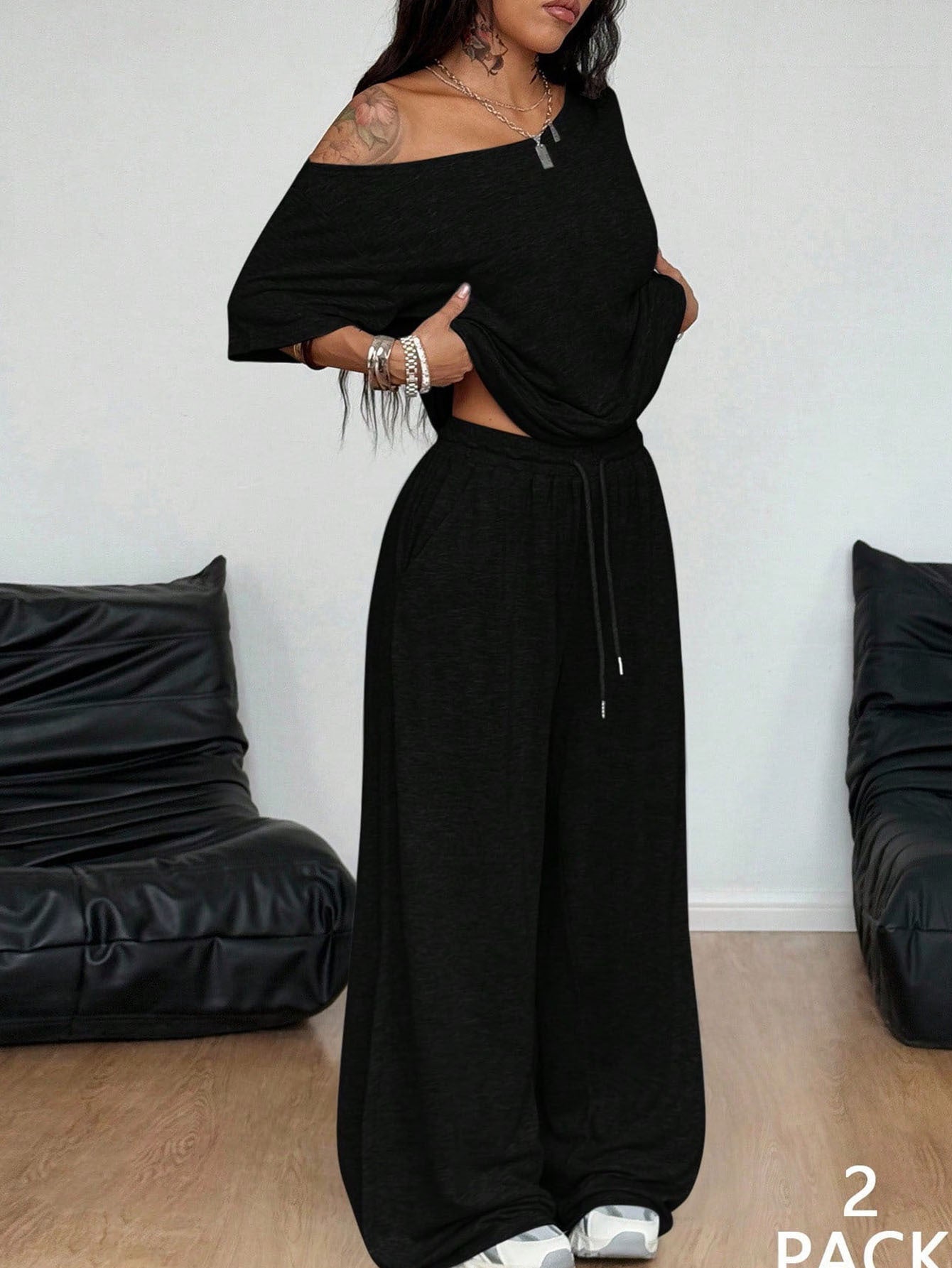 Womens High-Waisted Wide-Leg Sweatpants Set