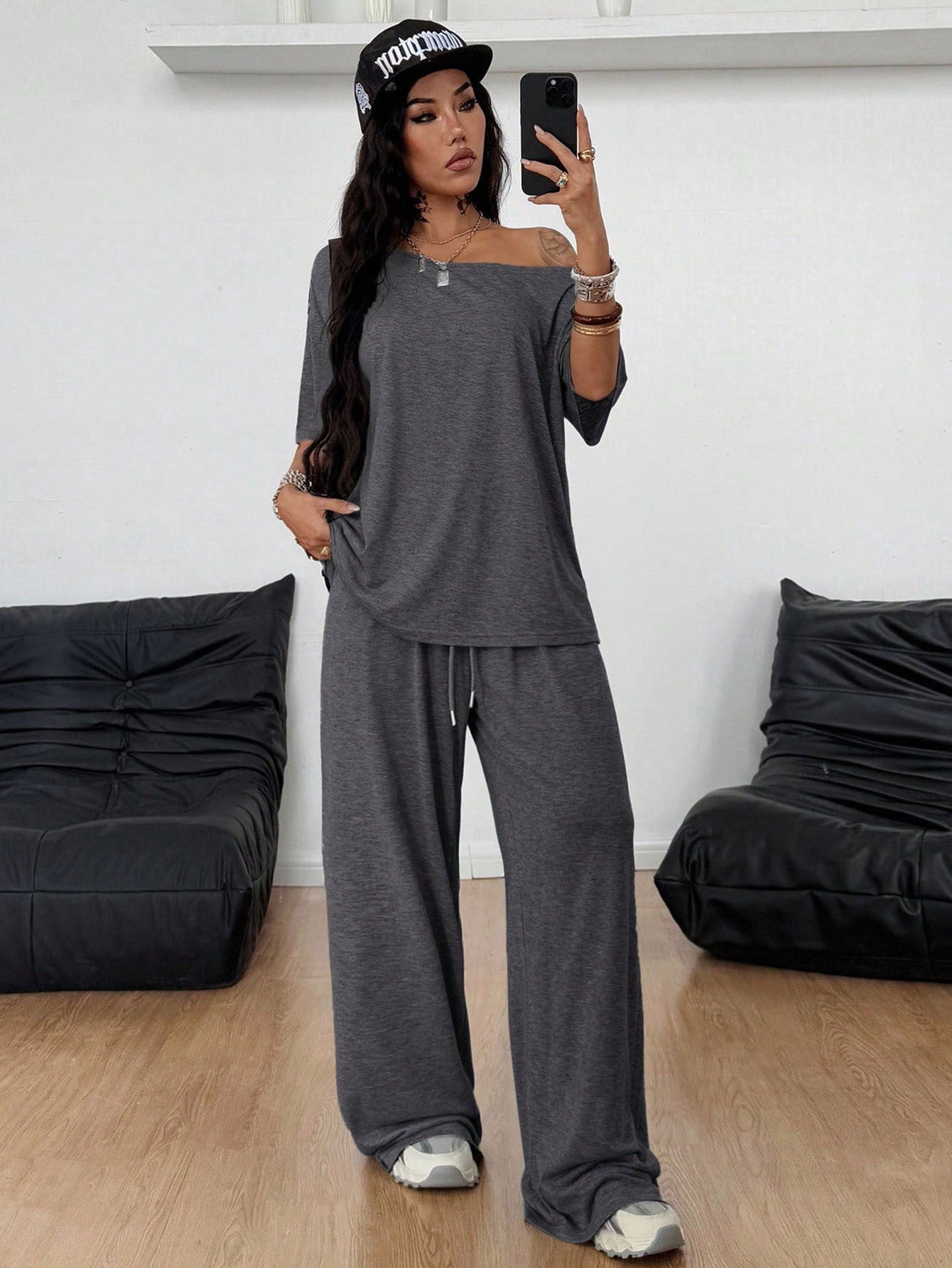 Womens High-Waisted Wide-Leg Sweatpants Set