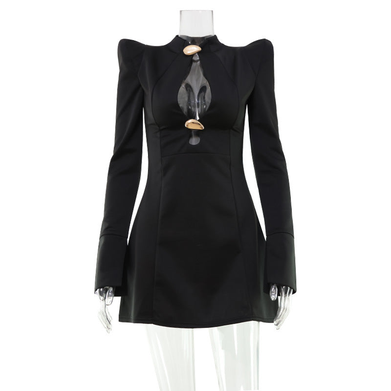 Womens Hollow Cut Stand Collar Long Sleeve Dress