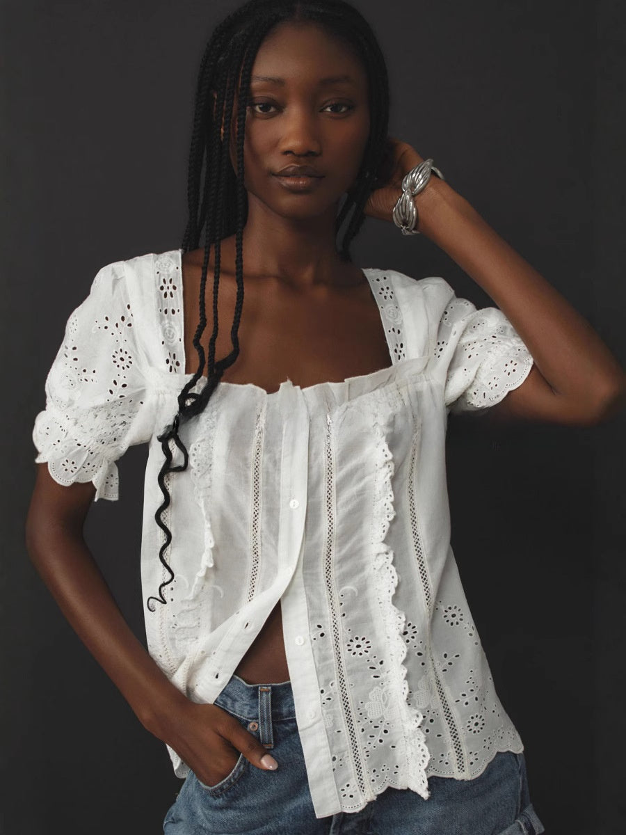Womens Hollow Embroidery Puff Sleeve Cotton Blouse