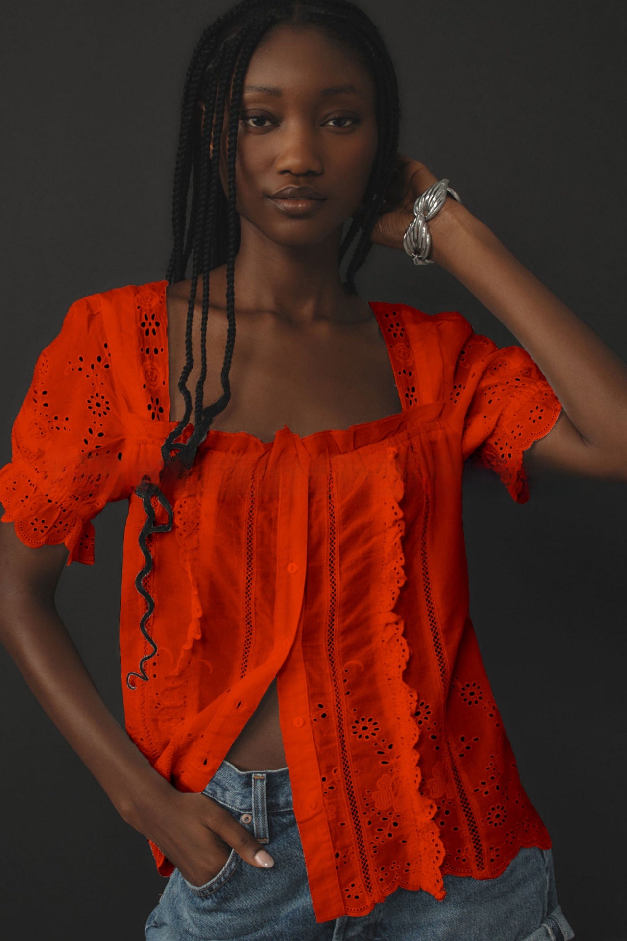 Womens Hollow Embroidery Puff Sleeve Cotton Blouse