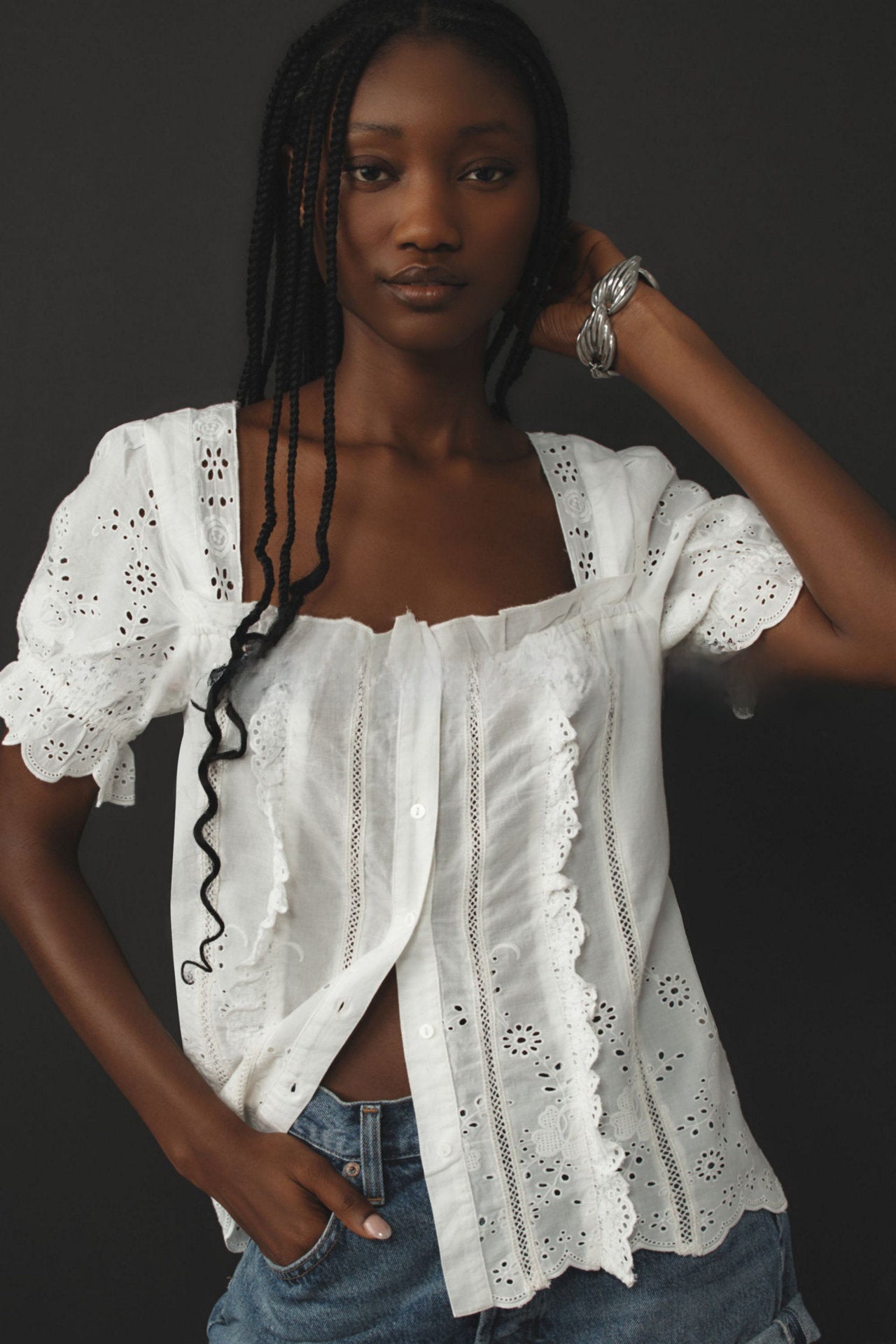 Womens Hollow Embroidery Puff Sleeve Cotton Blouse