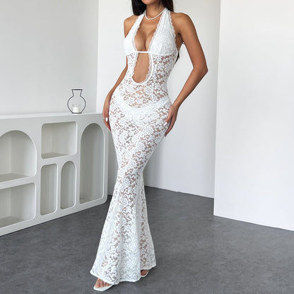Womens Hollow Neck Lace Mermaid Dress