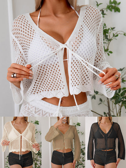 Womens Hollow-out Bell Sleeve Cardigan