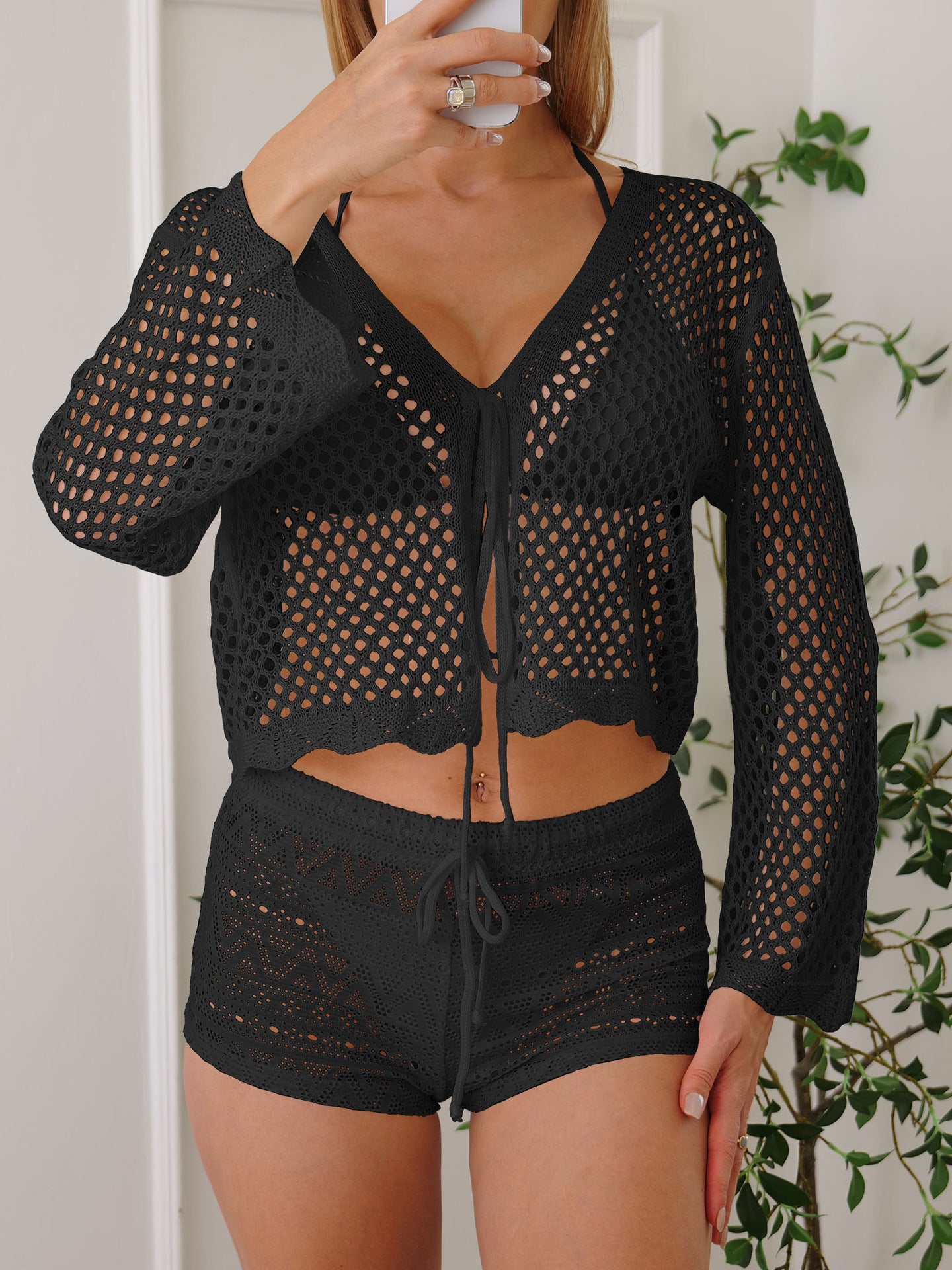 Womens Hollow-out Bell Sleeve Cardigan