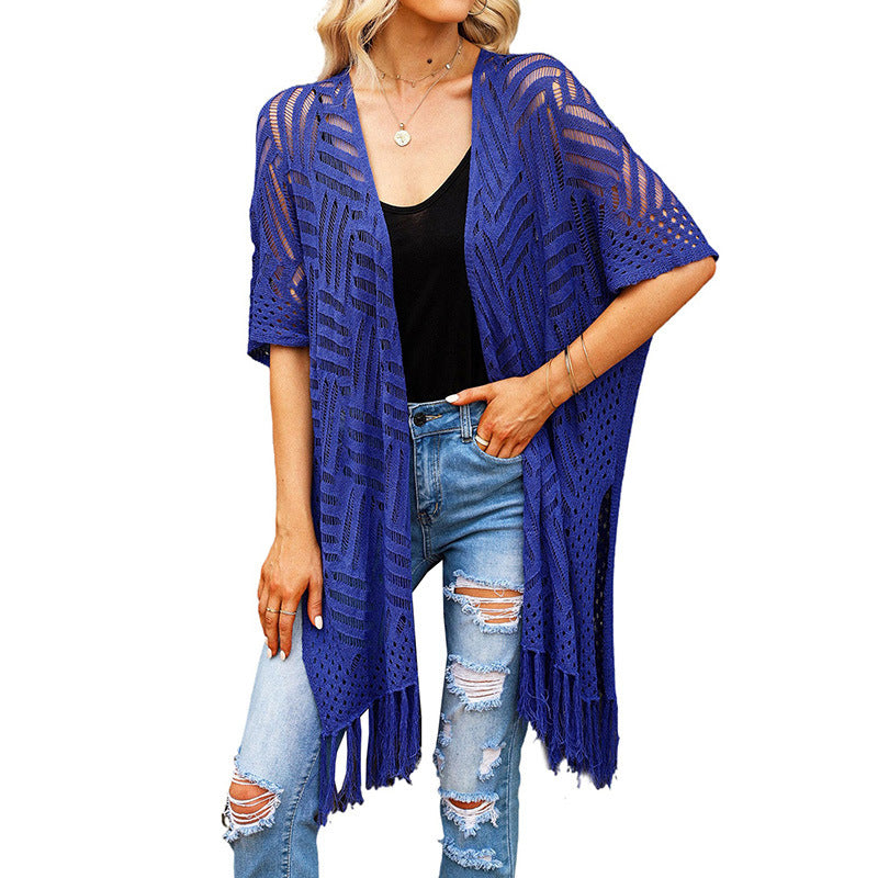 Womens Hollow Tassel Knitted Cardigan