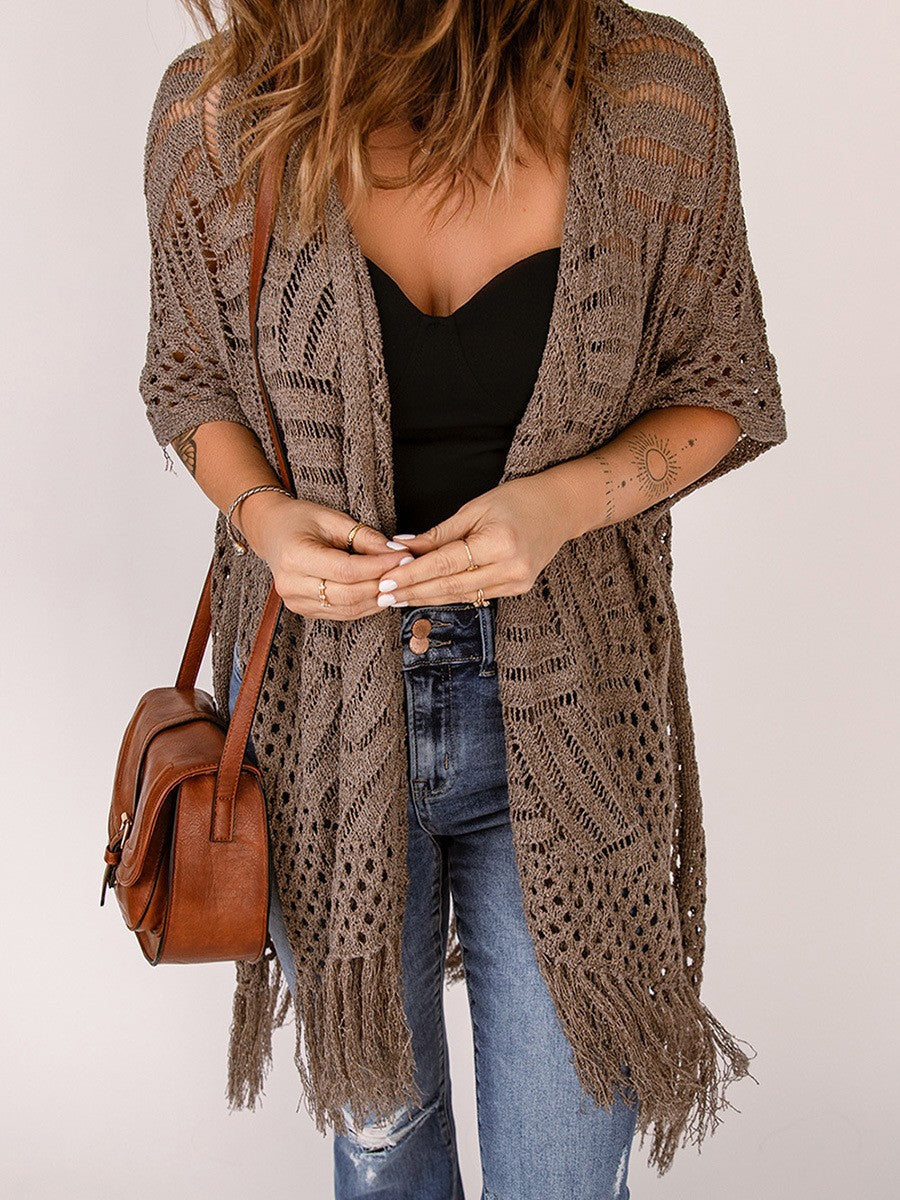 Womens Hollow Tassel Knitted Cardigan