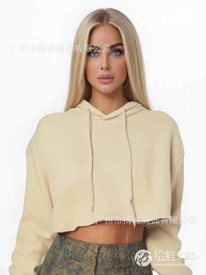 Womens Hooded Cropped Velvet Sweater Streetwear Pullover