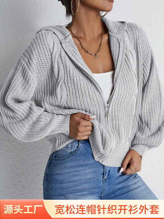 Womens Hooded Knitted Cardigan Sweatshirt