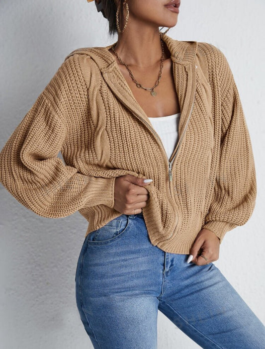 Womens Hooded Knitted Cardigan Sweatshirt