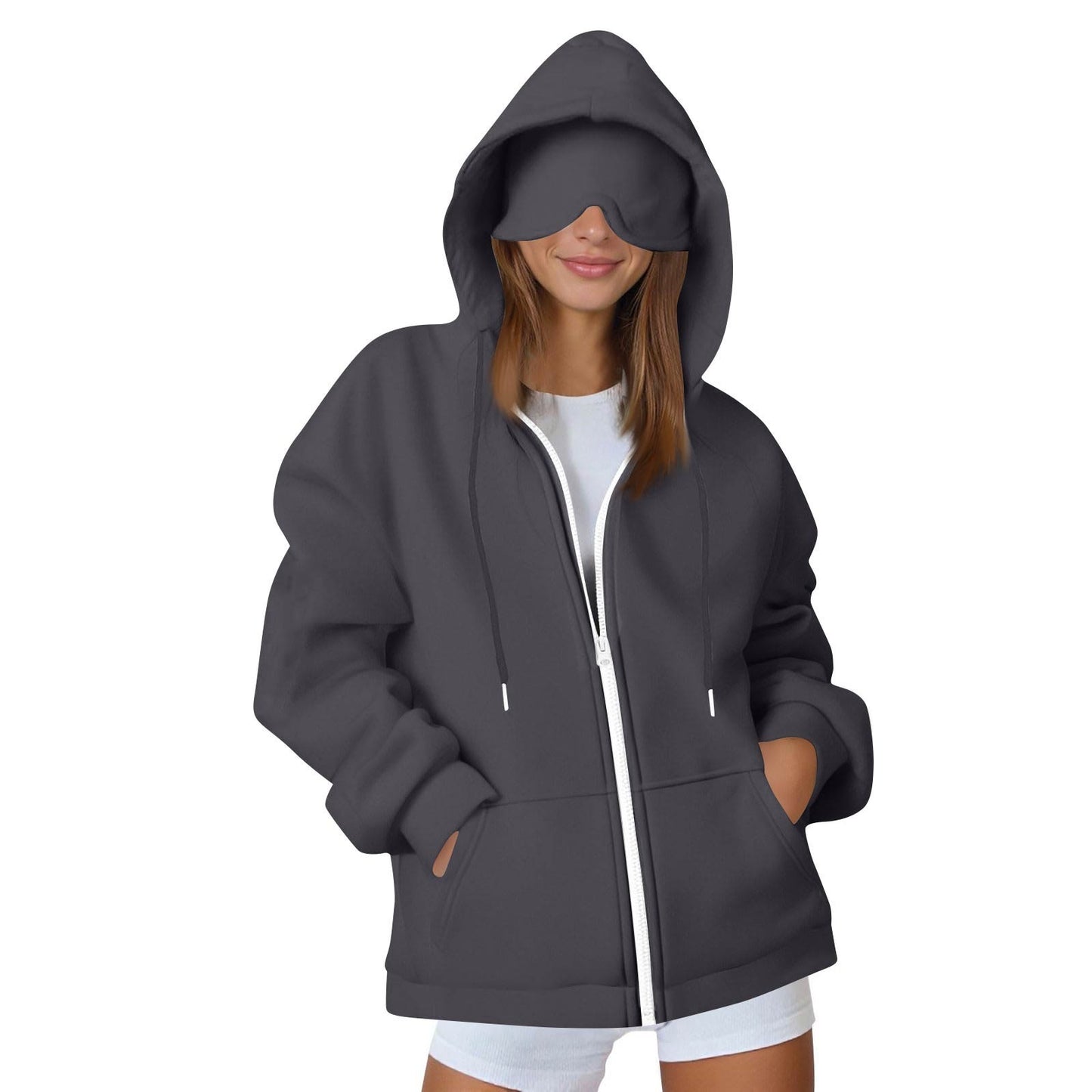 Womens Hooded Sweatshirt with Built-in Eye Mask