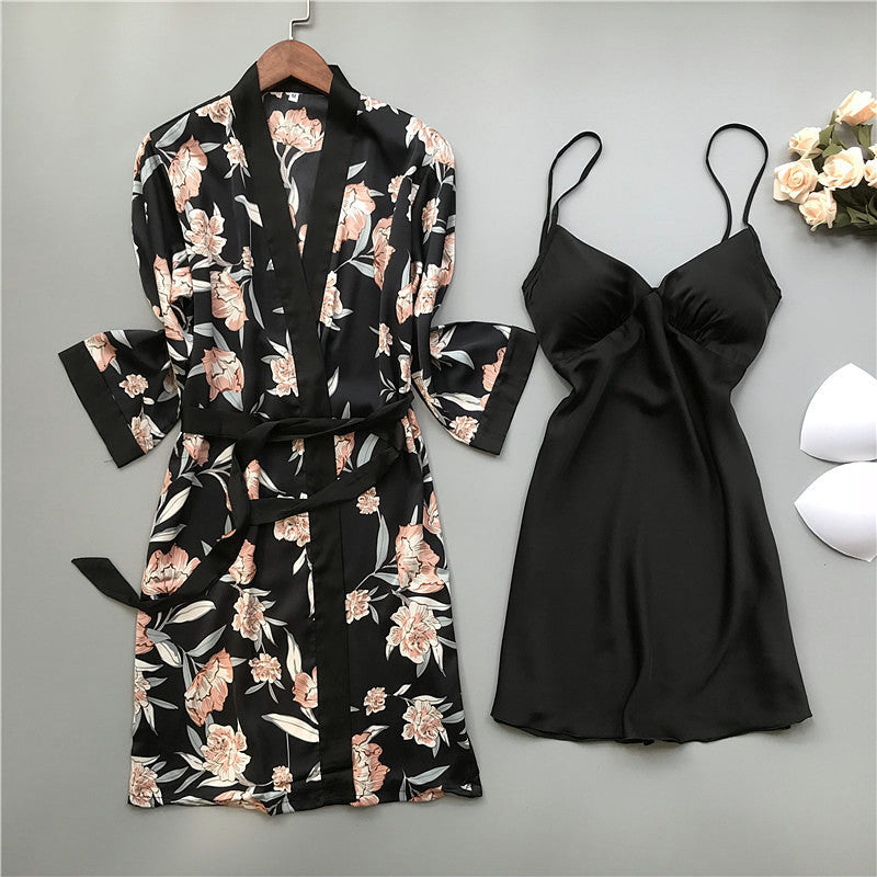 Womens Ice Silk Long Sleeve Pajama Set