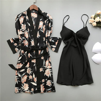 Womens Ice Silk Long Sleeve Pajama Set