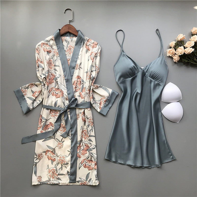 Womens Ice Silk Long Sleeve Pajama Set