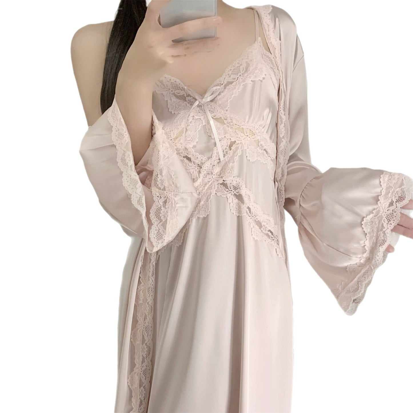 Womens Ice Silk Pajama Set with Lace Trim