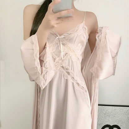 Womens Ice Silk Pajama Set with Lace Trim