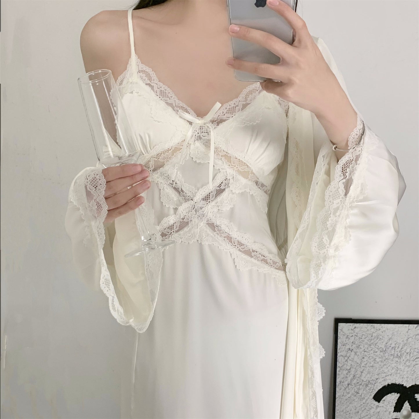 Womens Ice Silk Pajama Set with Lace Trim