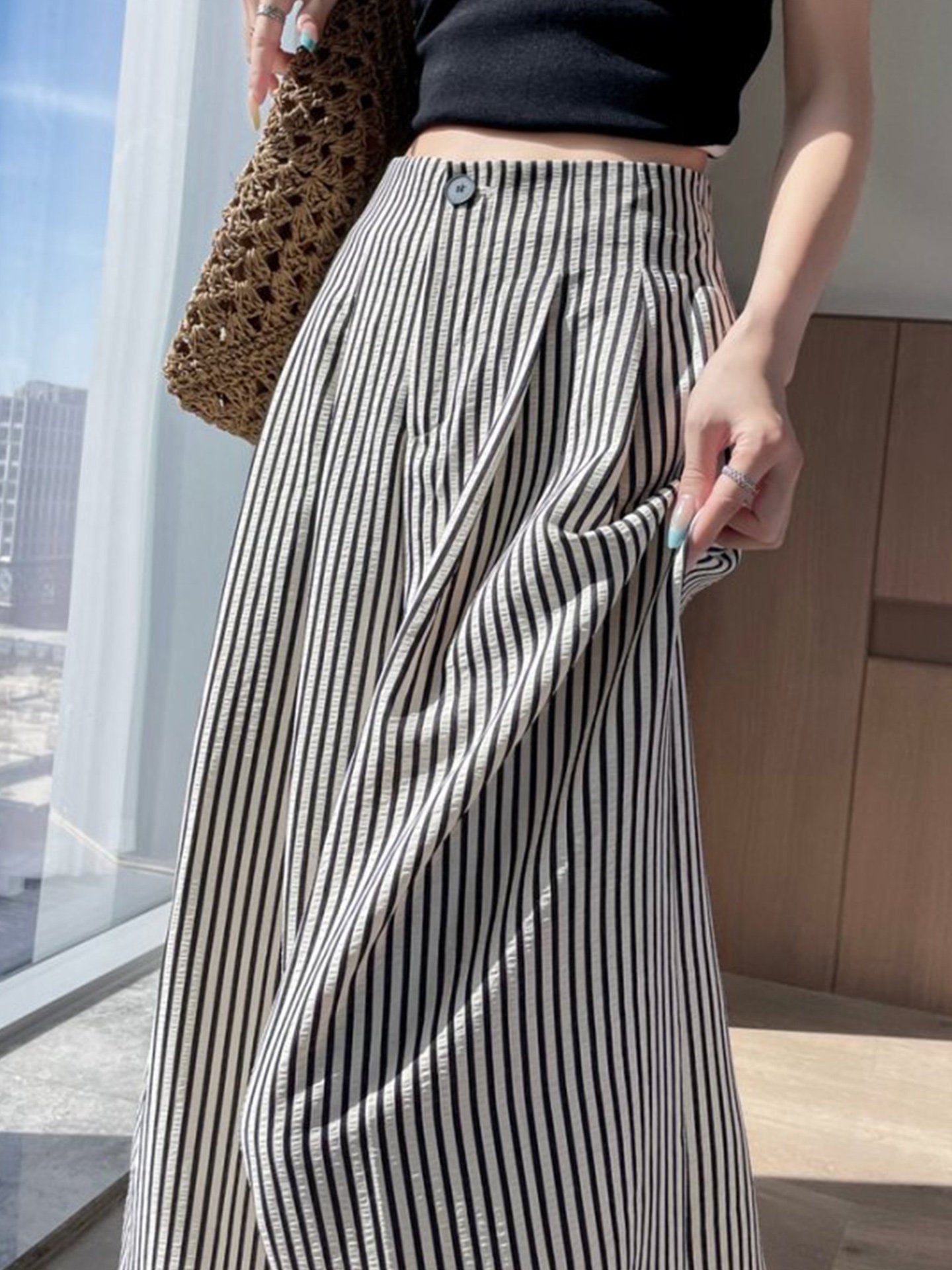 Womens Ice Silk Striped Wide Leg Pants