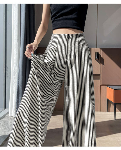 Womens Ice Silk Striped Wide Leg Pants