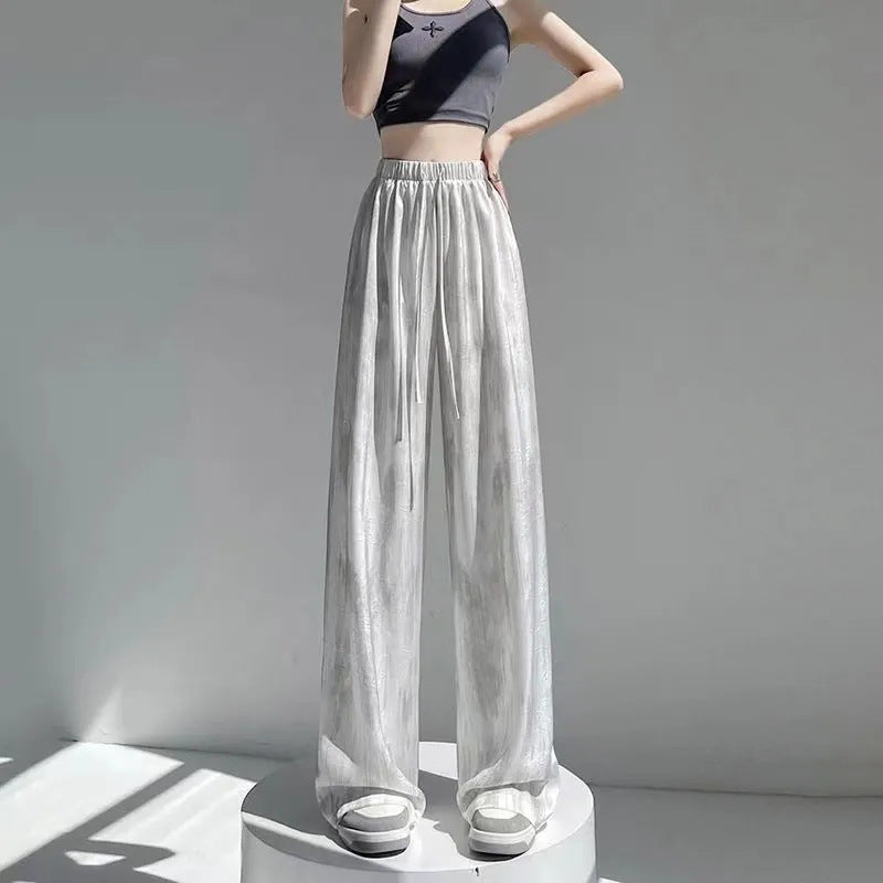 Womens Ice Silk Tie-Dye Wide Leg Pants