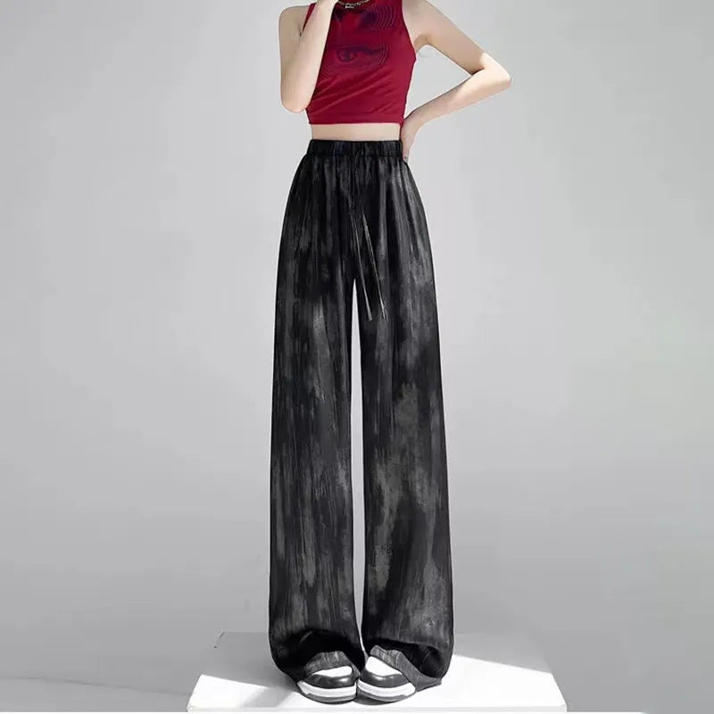 Womens Ice Silk Tie-Dye Wide Leg Pants