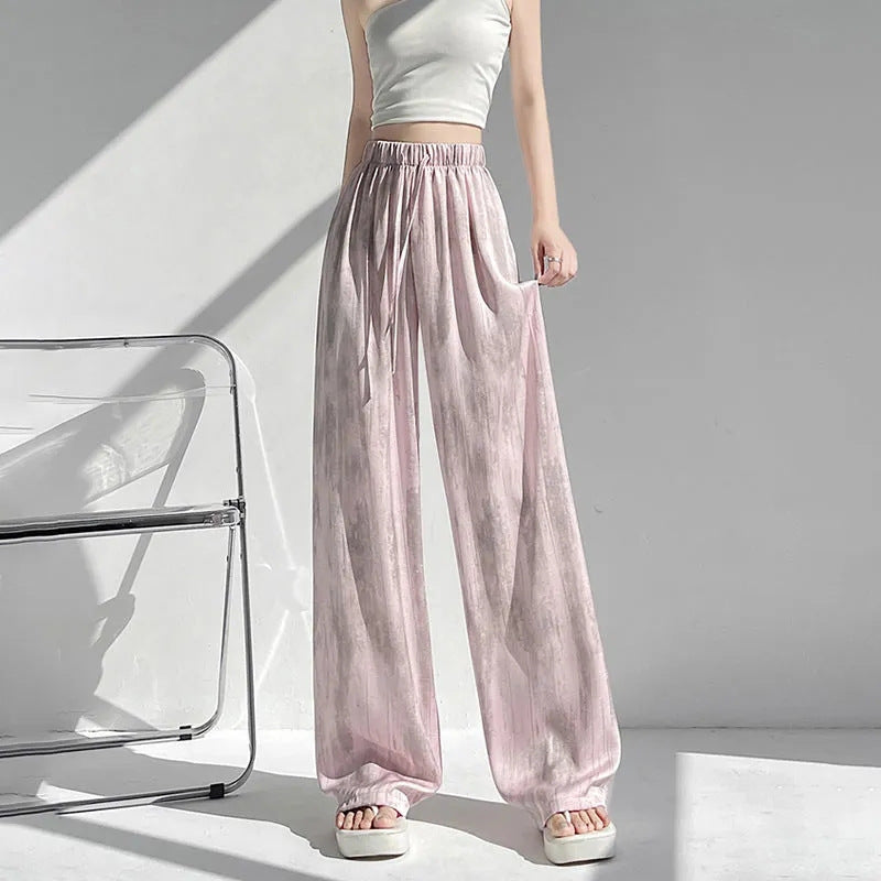 Womens Ice Silk Tie-Dye Wide Leg Pants