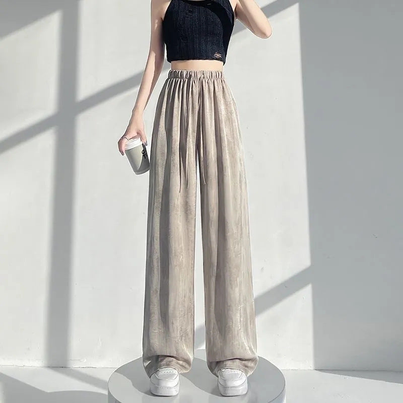 Womens Ice Silk Tie-Dye Wide Leg Pants