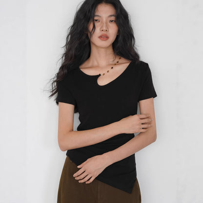 Womens Irregular Neckline Short Sleeve T-Shirt