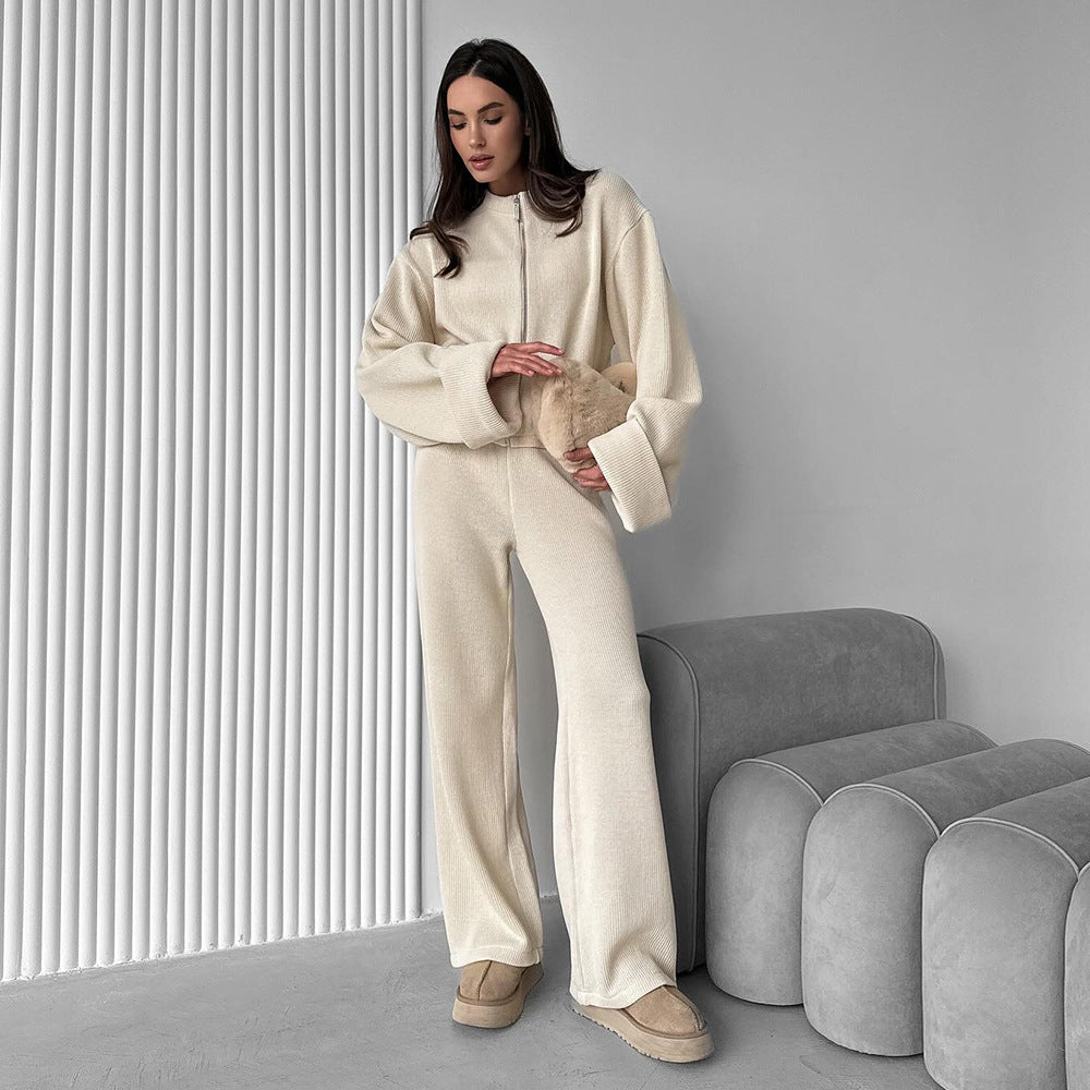 Womens Knit Long Sleeve Wide Leg Pants Set