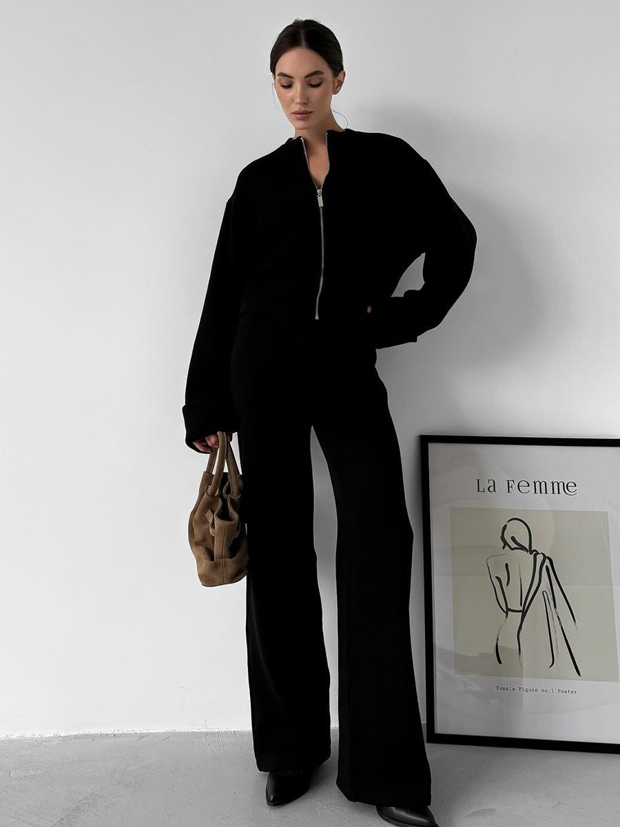 Womens Knit Long Sleeve Wide Leg Pants Set