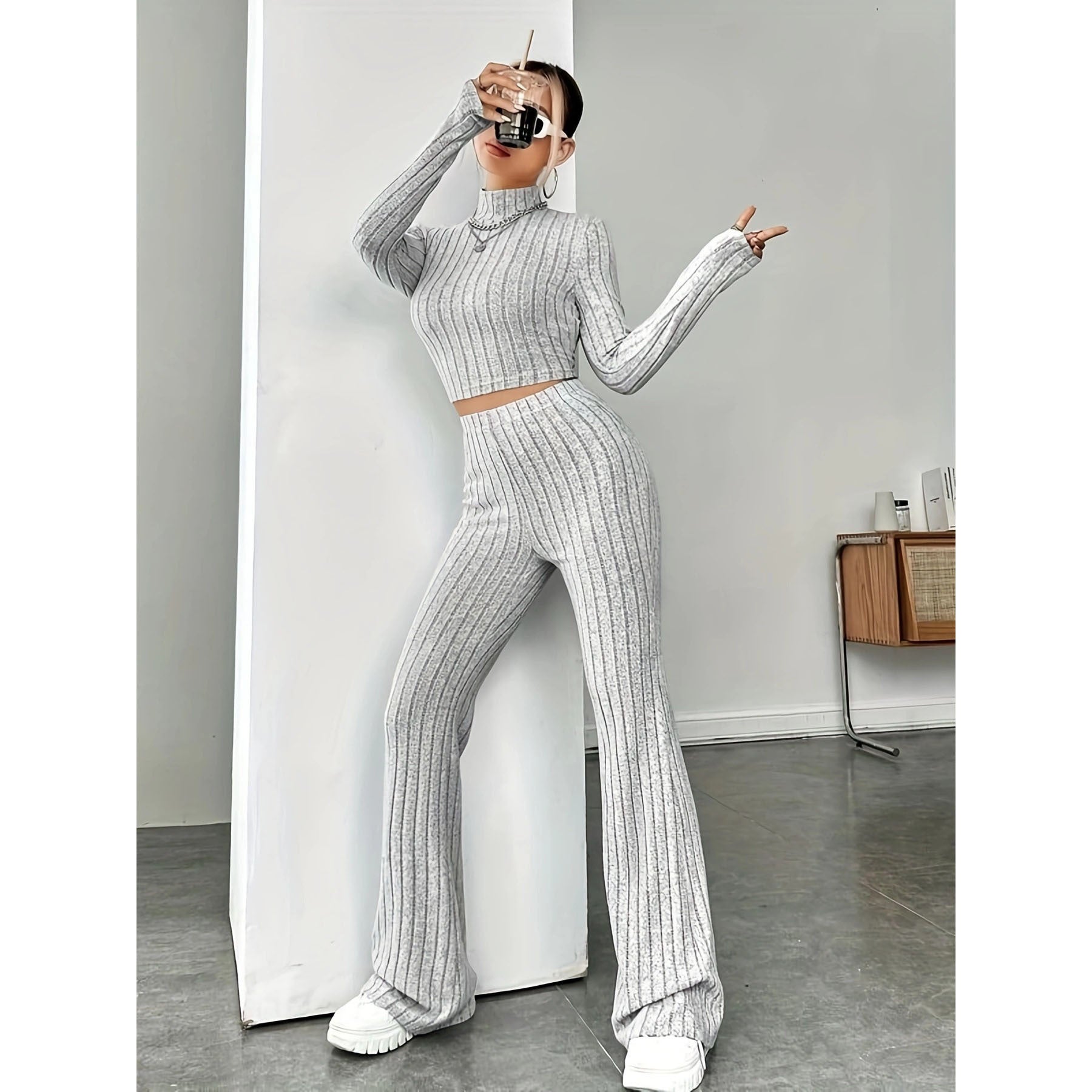 Womens Knitted Hooded Sweatshirt and Pants Set