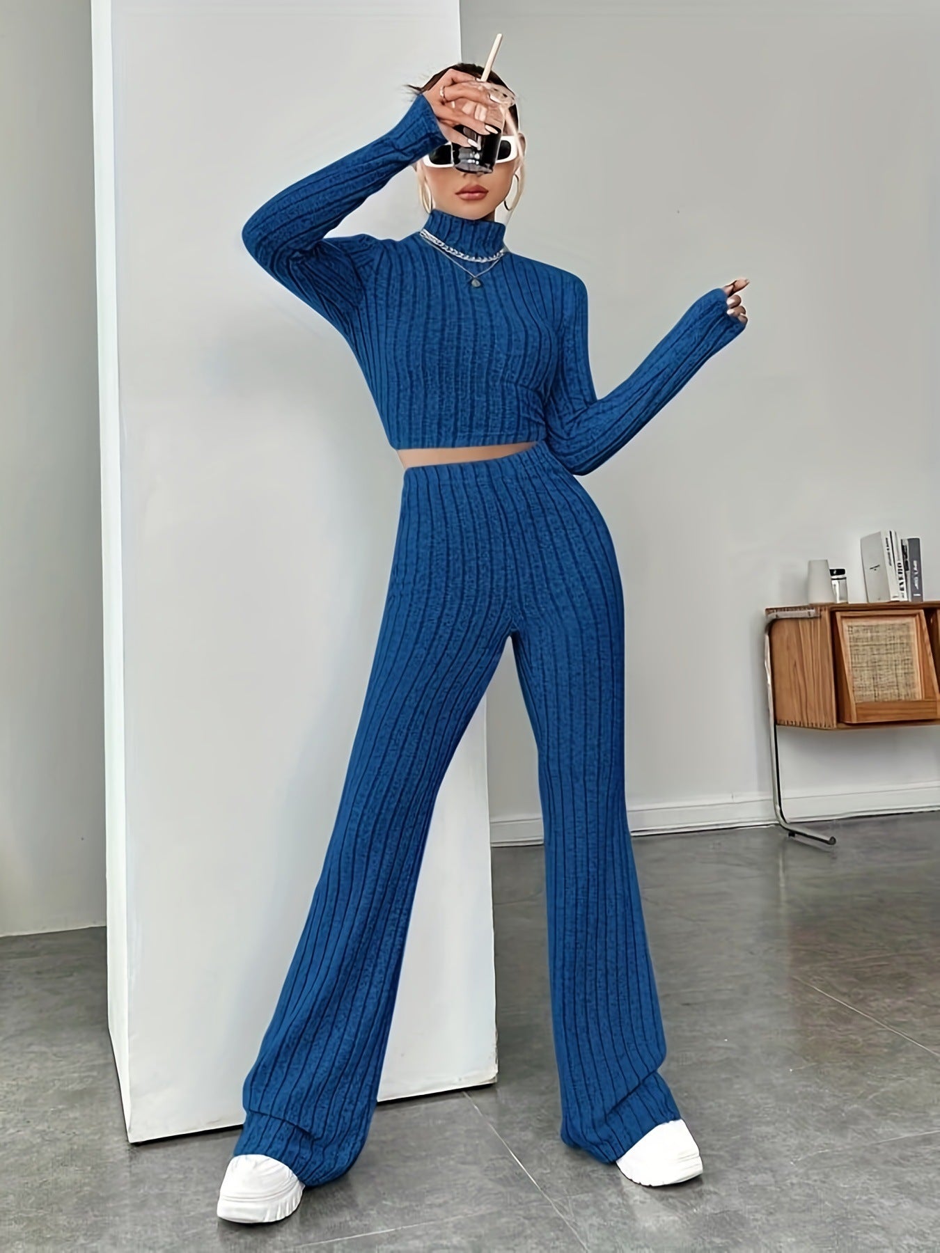 Womens Knitted Hooded Sweatshirt and Pants Set