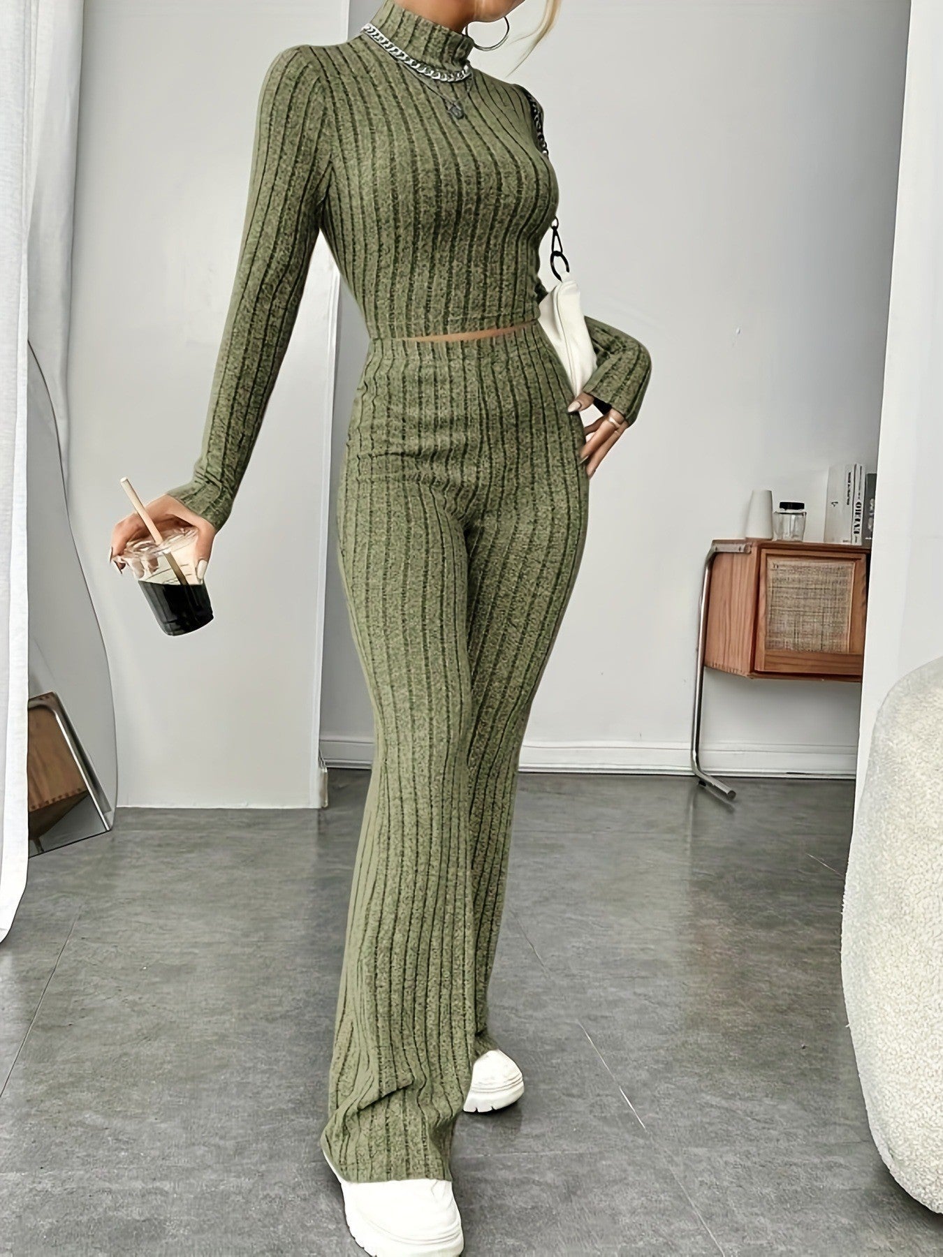 Womens Knitted Hooded Sweatshirt and Pants Set