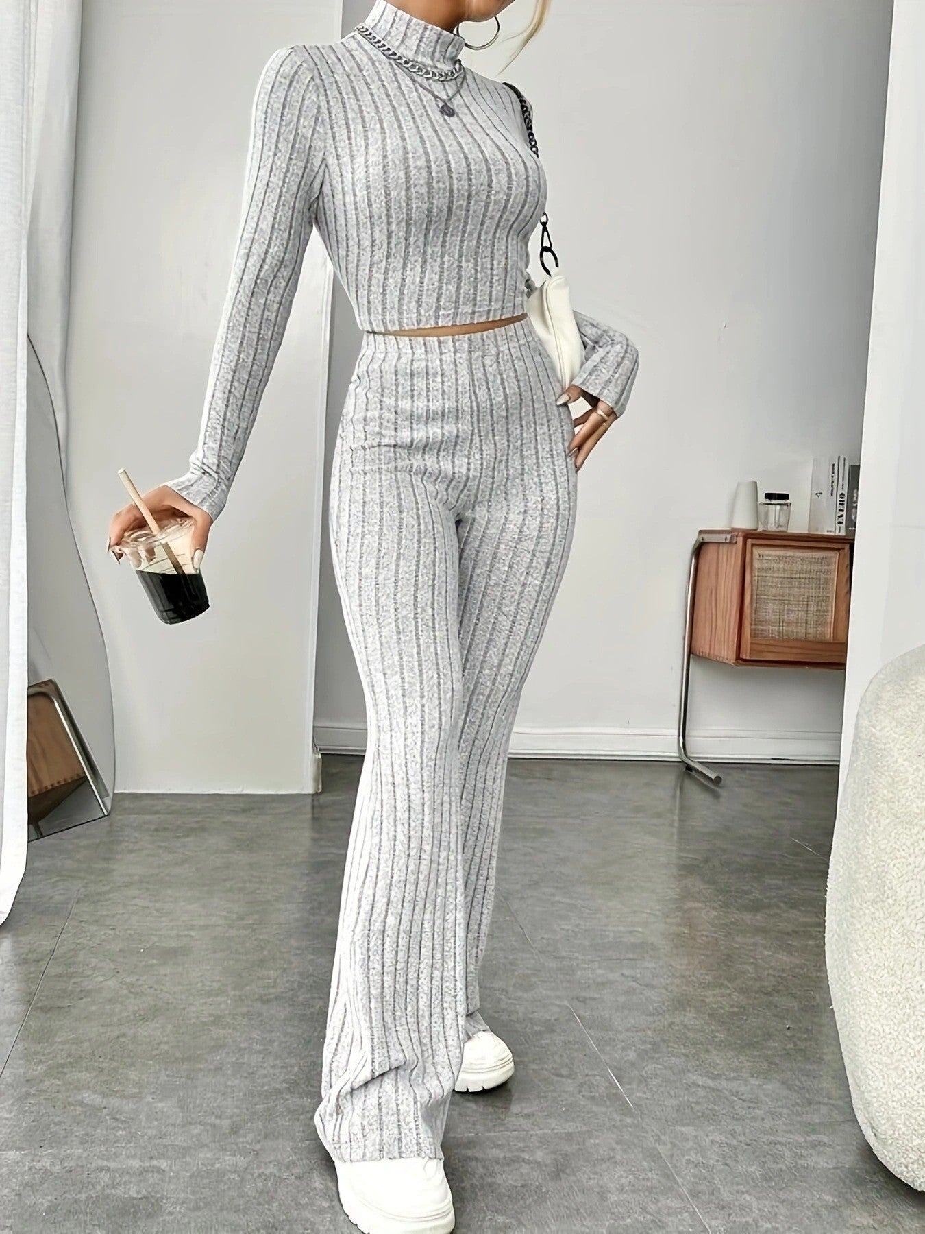 Womens Knitted Hooded Sweatshirt and Pants Set