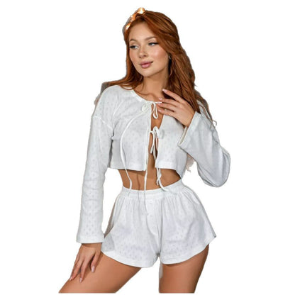 Womens Knitted Pajama Set Long Sleeve Shorts