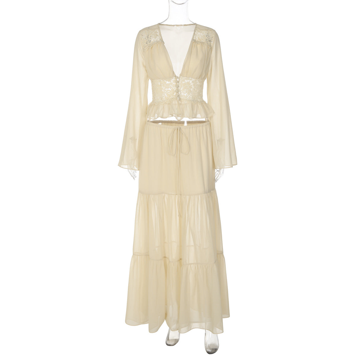 Womens Lace Chiffon Tie-Up Long Dress