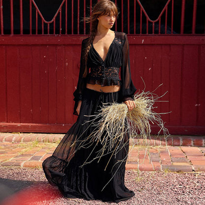 Womens Lace Chiffon Tie-Up Long Dress