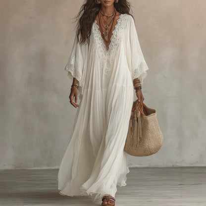Womens Lace Patchwork V-Neck Long Dress
