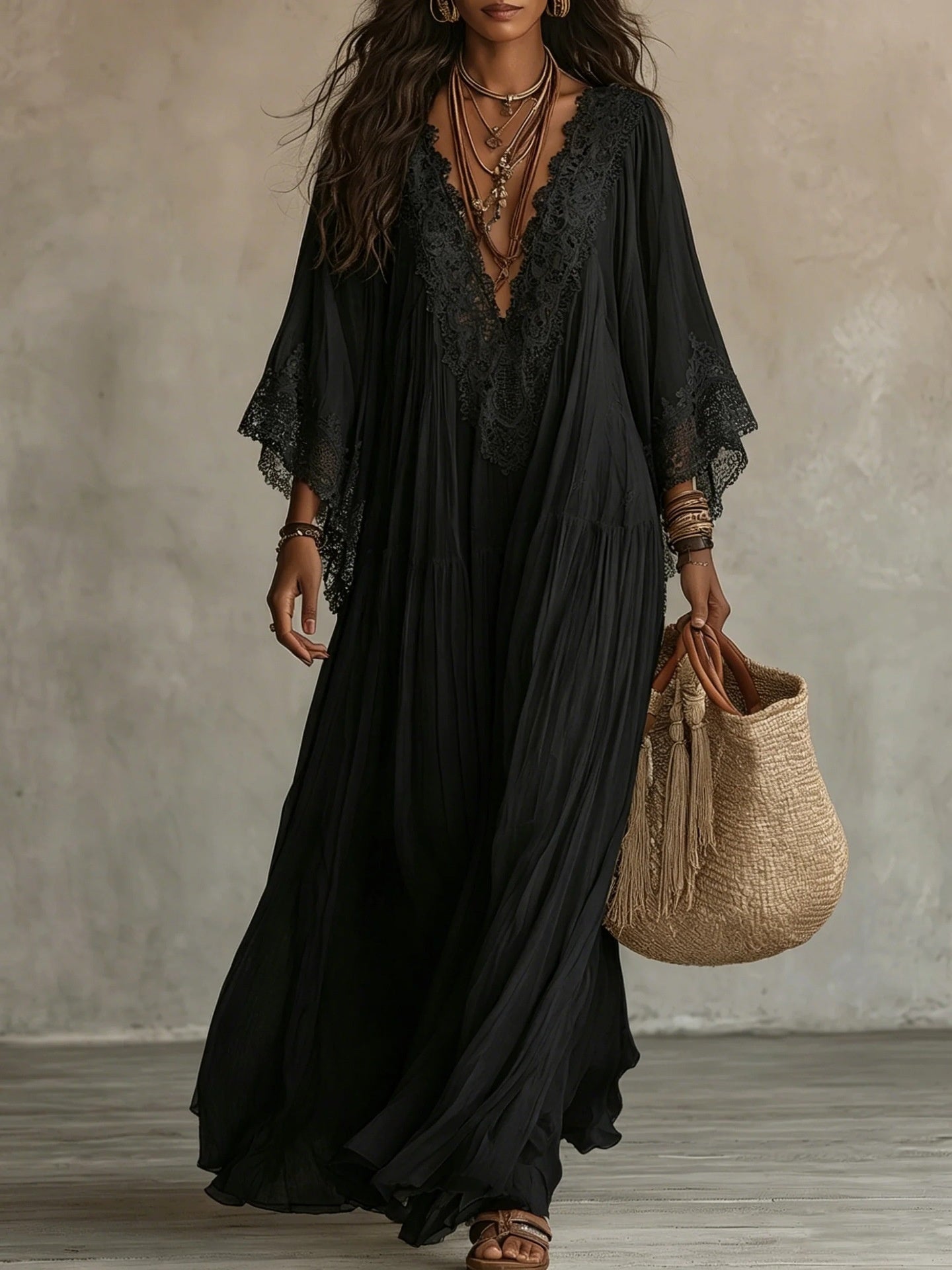 Womens Lace Patchwork V-Neck Long Dress