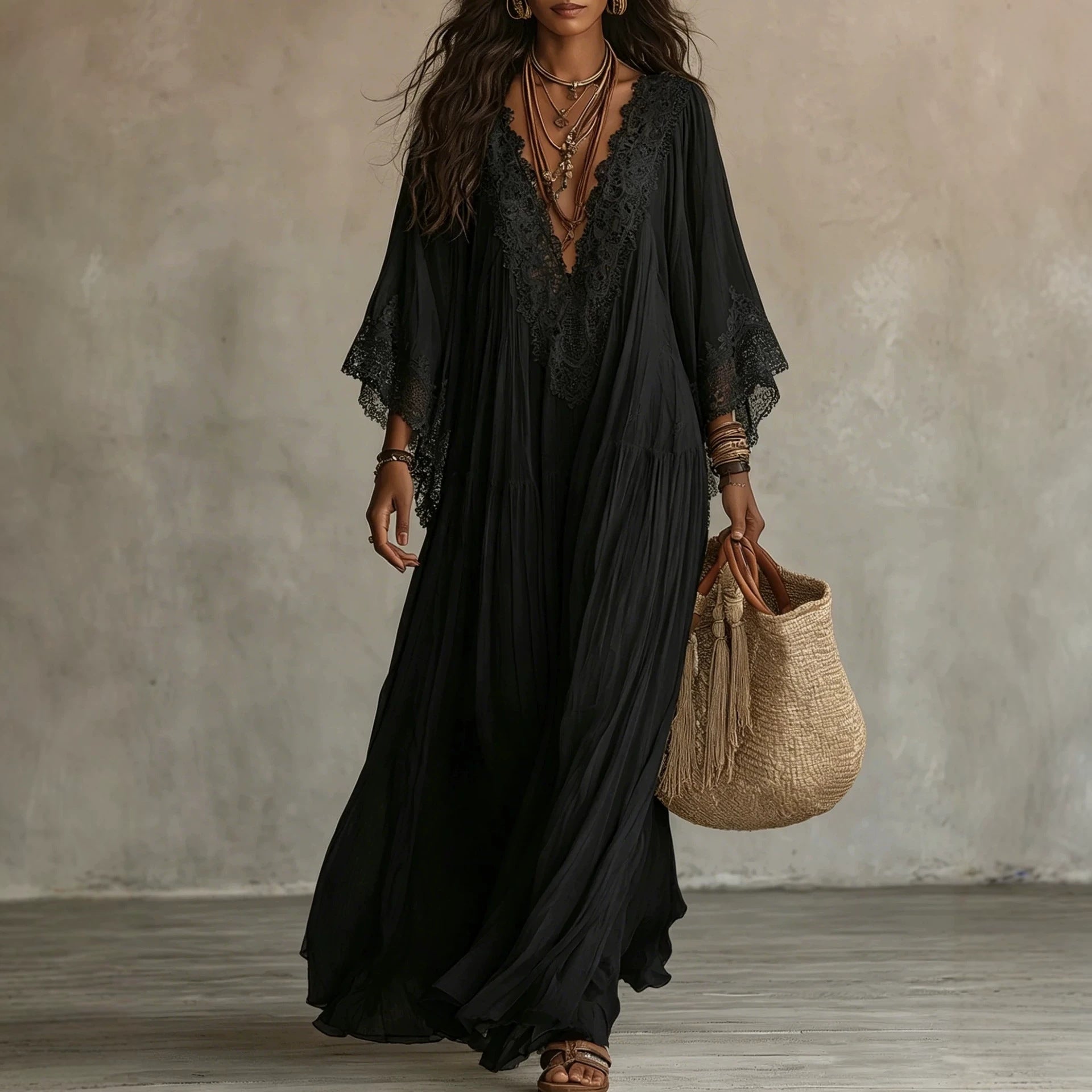 Womens Lace Patchwork V-Neck Long Dress