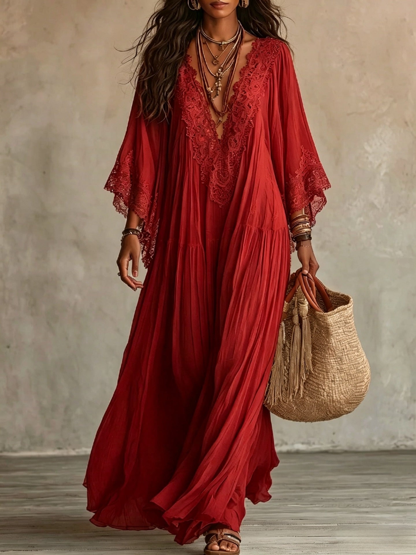 Womens Lace Patchwork V-Neck Long Dress