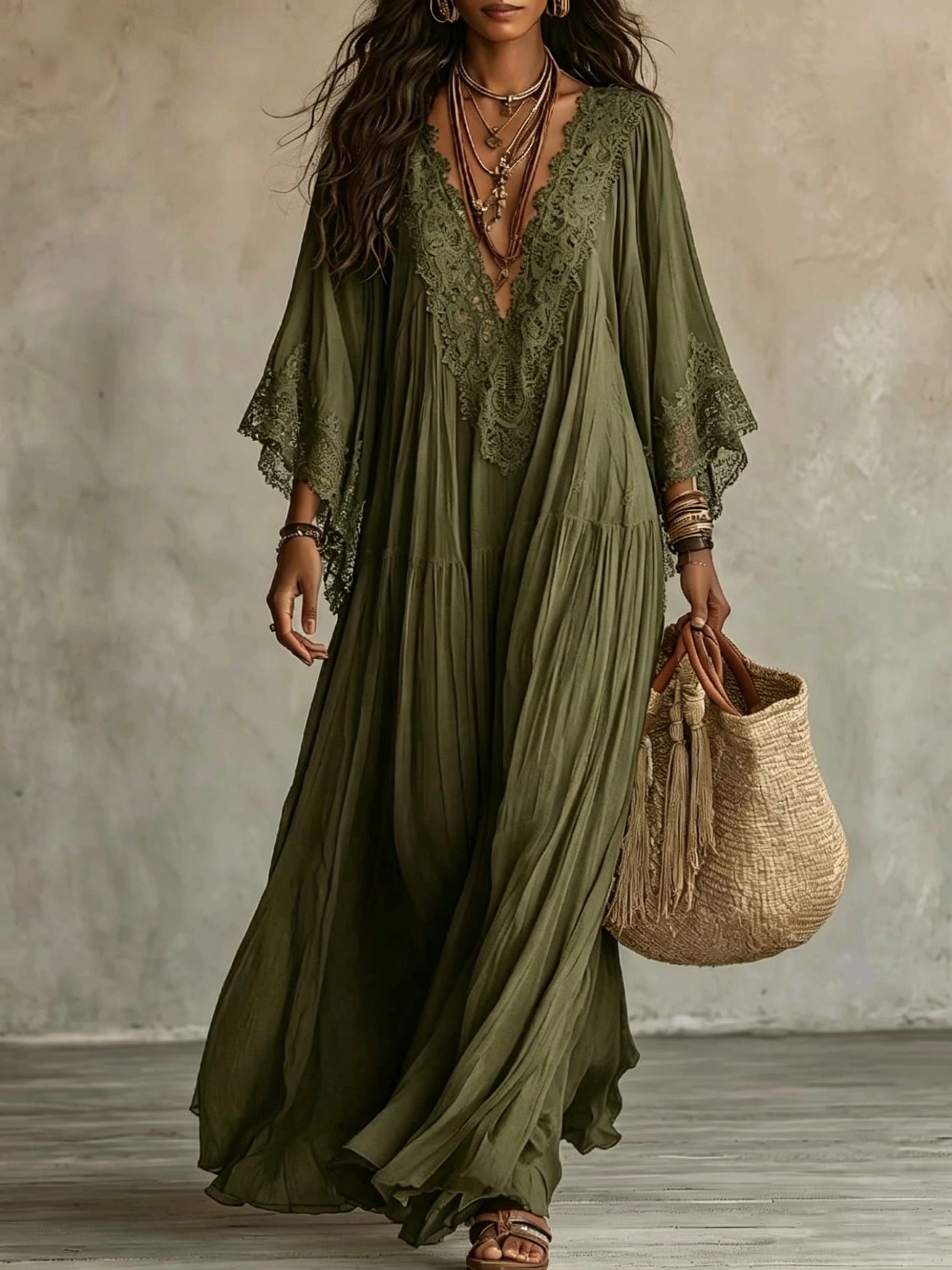 Womens Lace Patchwork V-Neck Long Dress