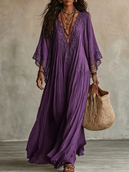 Womens Lace Patchwork V-Neck Long Dress