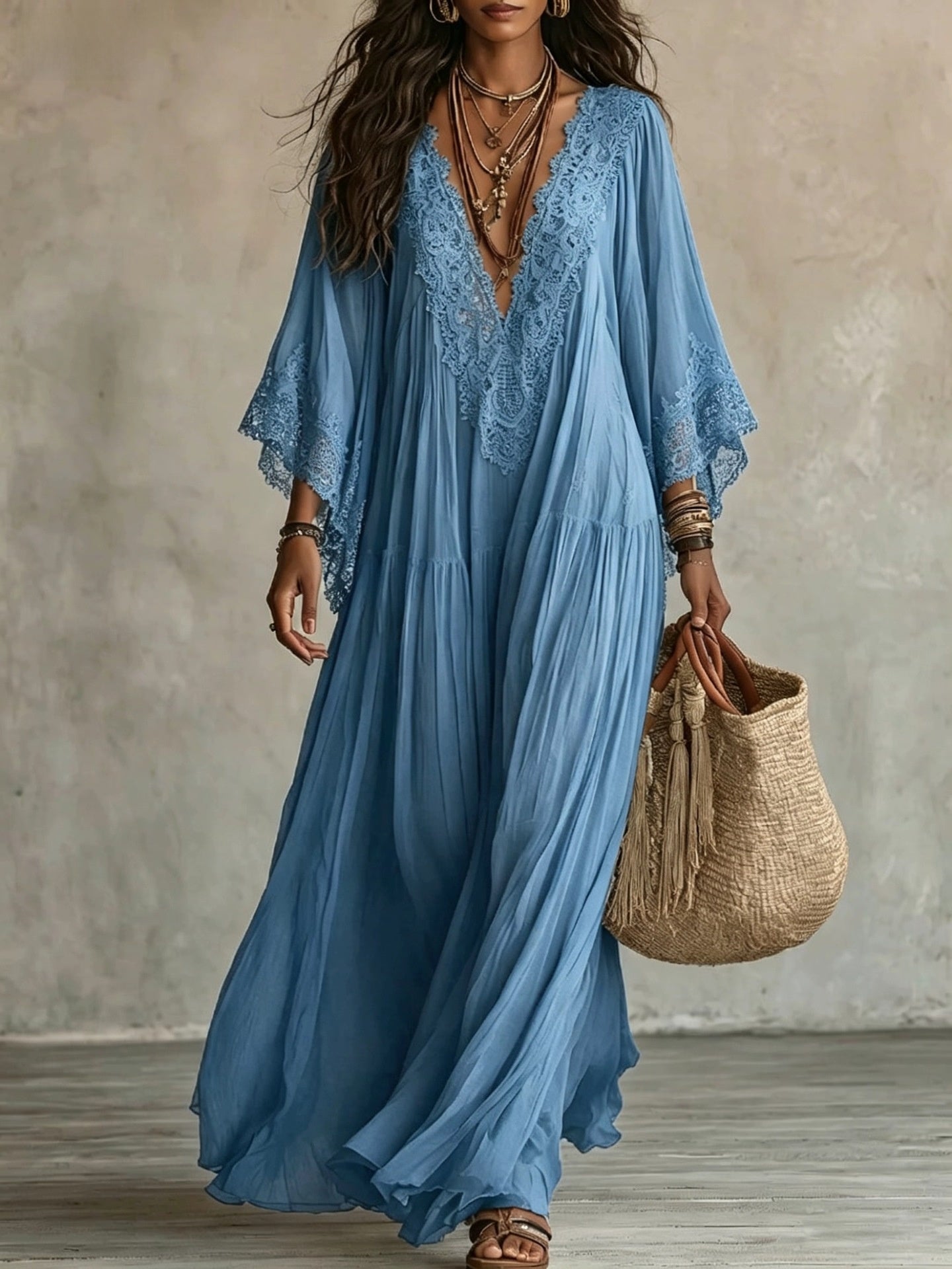 Womens Lace Patchwork V-Neck Long Dress