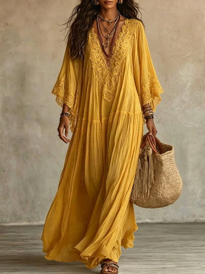 Womens Lace Patchwork V-Neck Long Dress