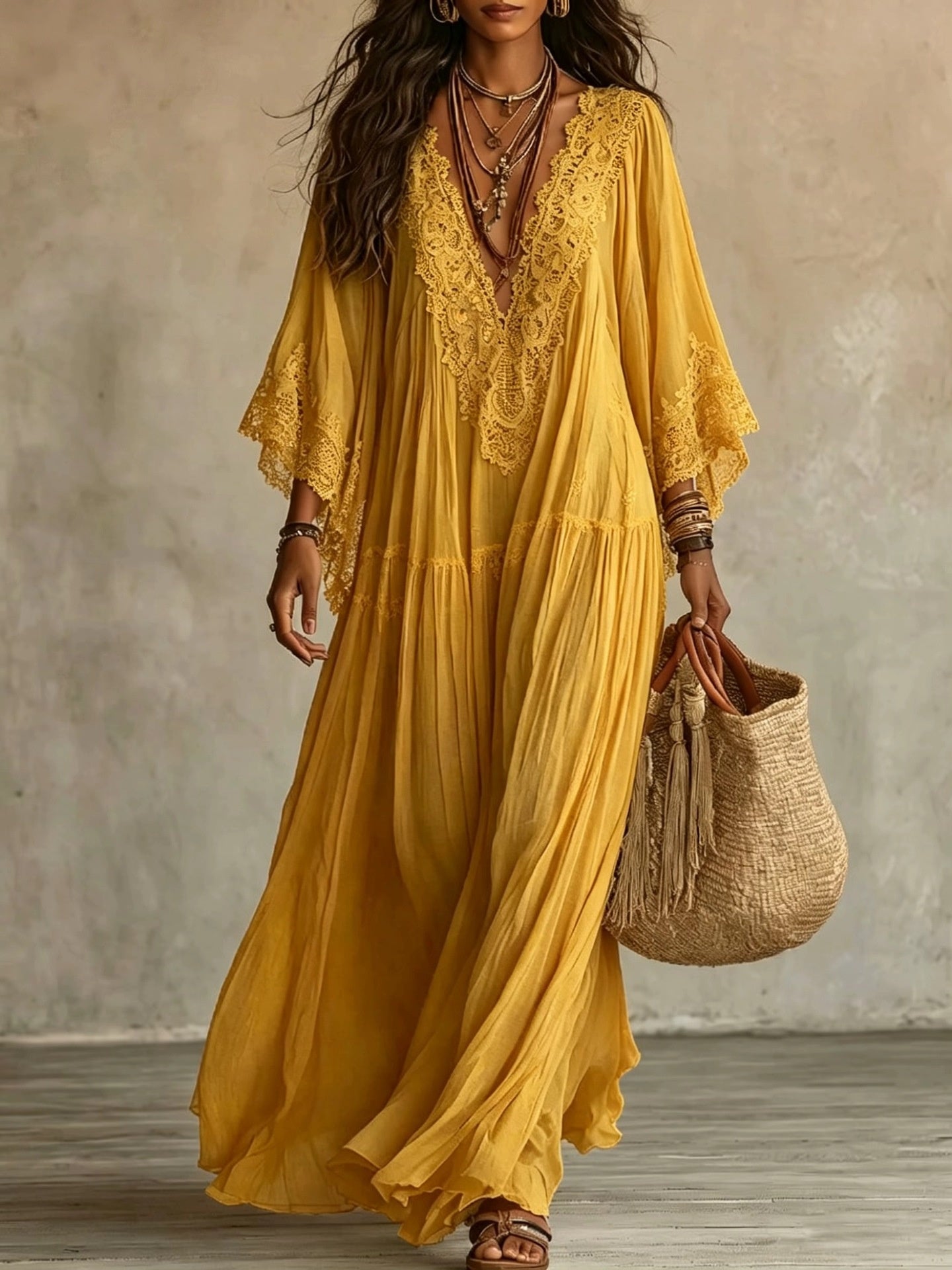 Womens Lace Patchwork V-Neck Long Dress