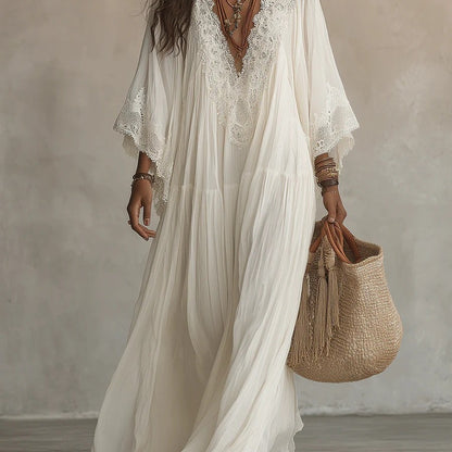 Womens Lace Patchwork V-Neck Long Dress