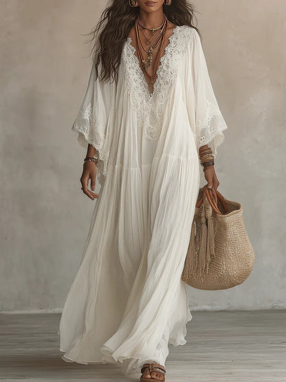 Womens Lace Patchwork V-Neck Long Dress