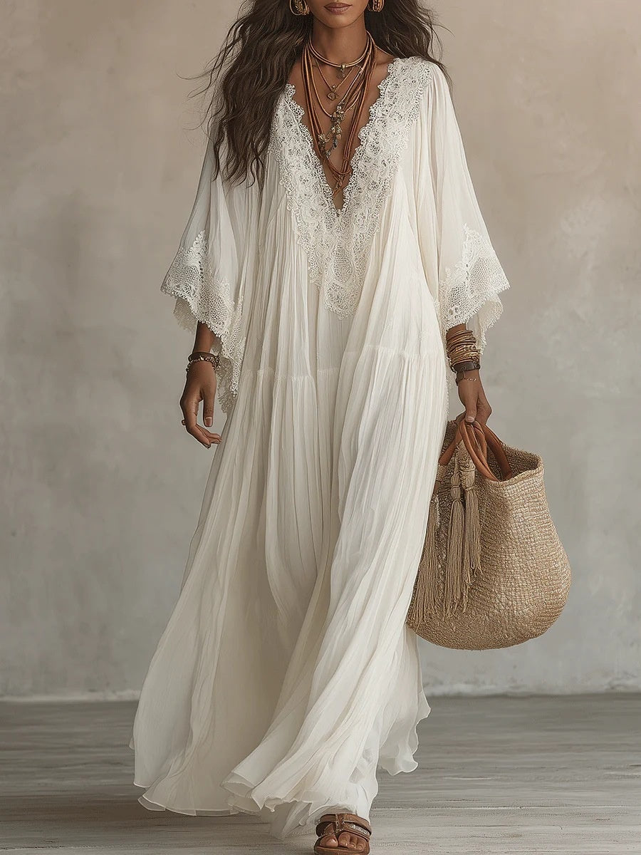 Womens Lace Patchwork V-Neck Long Dress